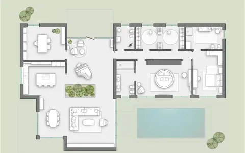 Planimetria villa su un piano con cucina, sala da pranzo, soggiorno con pianoforte, suite padronale con letto rotondo e piscina esterna.