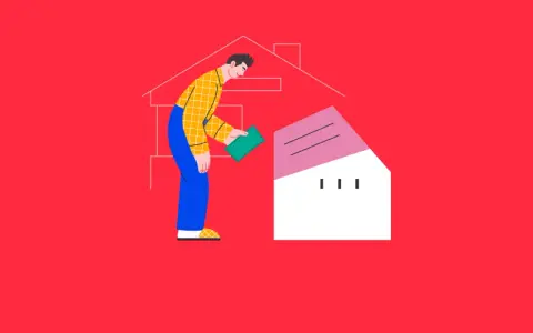 Hombre con dinero verde planea sus gastos compra vivienda, construyendo una casa estilizada.