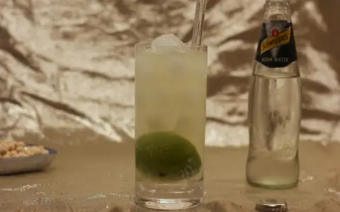 Erfrischender Drink mit Limette und Eis, daneben eine Flasche Schweppes Soda Water. Was ist Soda? Kohlensäurehaltiges Wasser, das für Cocktails verwendet wird.