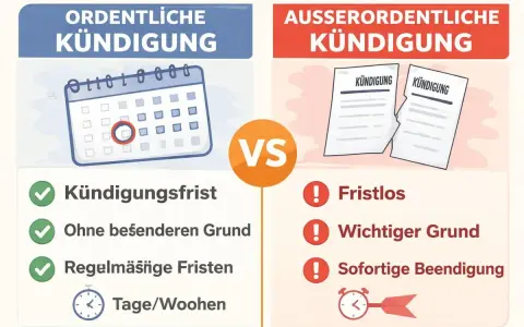 Vergleich von ordentlicher und außerordentlicher Kündigung. Die ordentliche Kündigung hat Fristen, die außerordentliche ist fristlos.