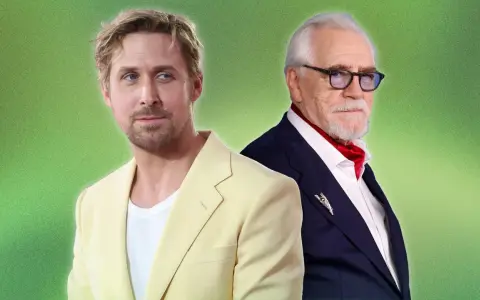 Ryan Gosling in a pastel suit and Brian Cox in a navy suit with a red ascot, showcasing stylish casual cocktail attire for men.