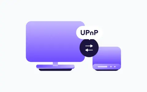 Ilustracja pokazuje komputer i router, symbolizujące połączenie sieciowe. Dymek z napisem "UPnP" wyjaśnia, co to jest Universal Plug and Play.