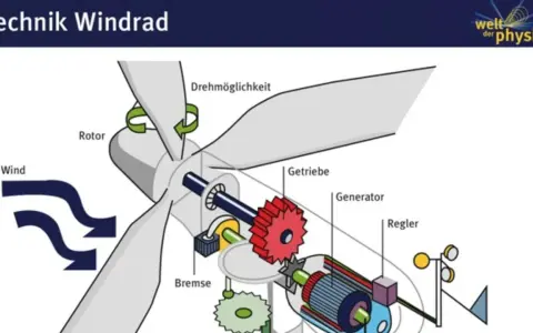 Schnittzeichnung einer Windkraftanlage, die die Komponenten wie Rotor, Getriebe, Generator und Regler zeigt. Dies veranschaulicht die **Windenergie**-Definition: Umwandlung von Wind in Strom.