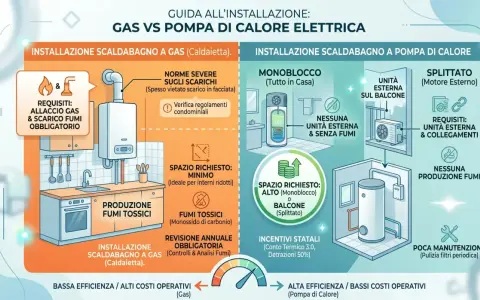 Schema funzionamento scaldabagno a gas: allaccio gas, scarico fumi obbligatorio, fumi tossici, revisione annuale. Bassa efficienza, alti costi operativi.