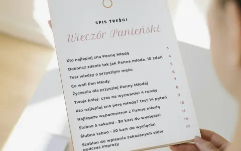 Spis treści wieczoru panieńskiego: gry, testy o narzeczonym i pannie młodej, wyzwania, życzenia.