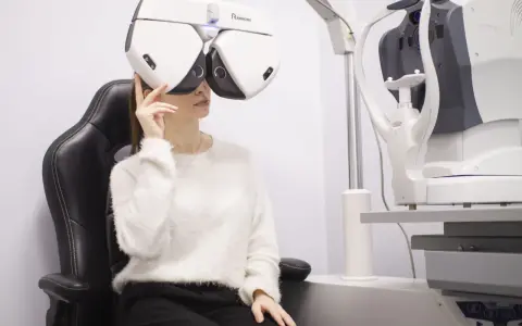Kobieta w białym swetrze siedzi na czarnym fotelu, badana przez optometrystę na nowoczesnym sprzęcie.