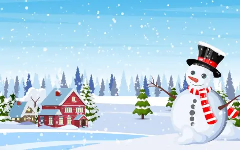 Schneemann mit Zylinder und Schal vor verschneiter Winterlandschaft mit Häusern und Tannenbäumen.
