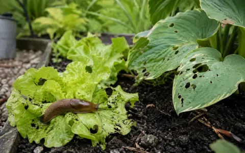 Ślimak ogrodowy żeruje na liściach sałaty, zostawiając charakterystyczne dziury. Widać, co jedzą ślimaki ogrodowe.