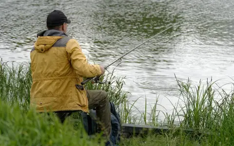 Wędkarz nad jeziorem, przygotowuje zanętę na ryby. Woda faluje, a trawa otacza brzeg.