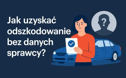 Ilustracja: kobieta trzyma dokument z zaznaczonym polem, obok uszkodzony samochód i sylwetka z znakiem zapytania.