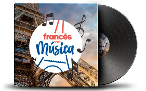 Vinilo con Torre Eiffel y notas musicales. Ideal para tus canciones para aprender francés.