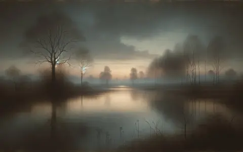 Un paysage onirique où un lac reflète des arbres dénudés, le tout enveloppé dans un doux brouillard dessin. L'atmosphère est paisible et mystérieuse.