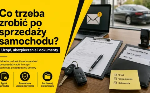 Formalności po sprzedaży samochodu: zgłoszenie sprzedaży, powiadomienie ubezpieczyciela i zachowanie dokumentów. Na biurku umowa, kluczyki, pieczątka i teczka z dokumentami.