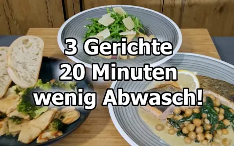 Drei schnelle Gerichte, zubereitet in 20 Minuten mit wenig Abwasch: Hähnchen mit Brokkoli, Lachs mit Kichererbsen und ein Salat.