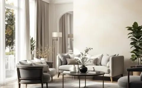 Elegancki salon z jasnymi meblami i dekoracjami. Ściany pomalowane na kremowy kolor, co podkreśla różne rodzaje tapet w subtelnych odcieniach.