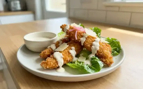 Krispiga kycklingstrimlor med parmesan och dressing, redo att avnjutas. Perfekt när du vill krydda kyckling innan stekning för extra smak.