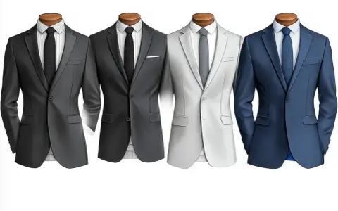 Four mannequins display suits: two dark grey, one light grey, and one blue. Lapels, buttons, and pockets define what makes a suit a suit.