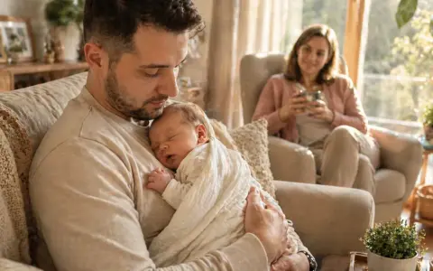 Ojciec tuli śpiące dziecko, ciesząc się urlopem ojcowskim 2 tygodnie. Matka patrzy z uśmiechem z fotela.