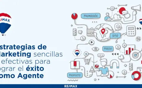 Ilustración de marketing digital para inmobiliarias con globo RE/MAX y elementos gráficos de éxito.