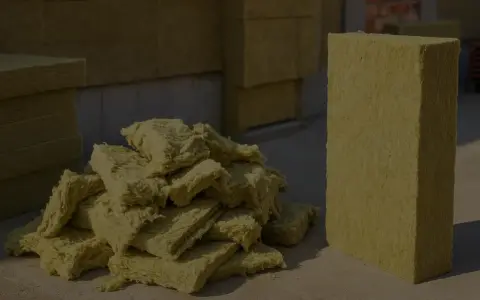 Stos wełny mineralnej i pojedynczy blok, gotowe do utylizacji. Materiał izolacyjny czeka na właściwe zagospodarowanie.