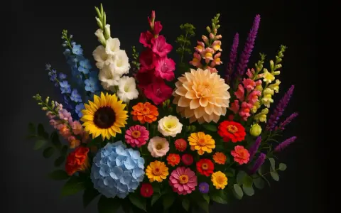 Un vibrante ramo de flores de julio, con girasoles, dalias y gladiolos en tonos vivos, sobre fondo oscuro.