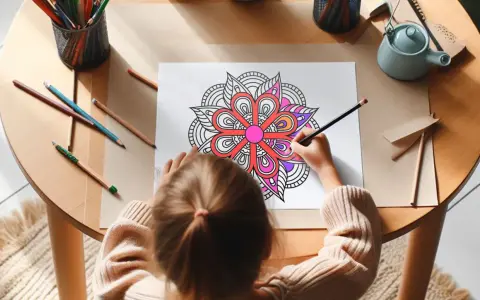 Ett barn sitter vid ett runt bord och färglägger en mandala med färgpennor.