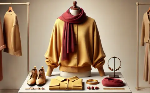 Musztardowy sweter z szalikiem i butami. Jaki kolor pasuje do musztardowego? Czerwień i beż tworzą elegancką całość.