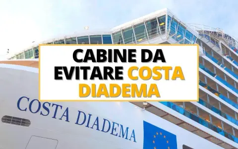 Cabine da evitare sulla Costa Diadema. La nave da crociera vista da vicino, con il nome ben visibile.