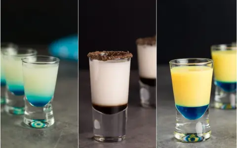 Kolorowe shoty, w tym jeden przypominający małpi mózg, gotowe do degustacji.