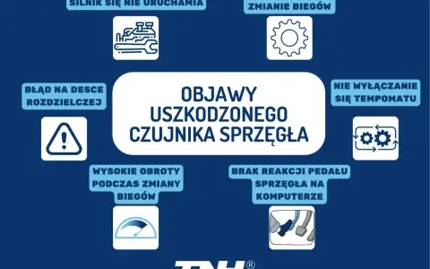 Objawy uszkodzonego czujnika sprzęgła: silnik nie uruchamia się, szarpanie przy zmianie biegów, błąd na desce rozdzielczej, wysokie obroty, brak reakcji pedału sprzęgła.