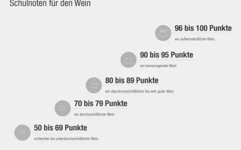 Schulnoten für Wein: 96-100 Punkte (außerordentlich), 90-95 (hervorragend), 80-89 (überdurchschnittlich/sehr gut), 70-79 (durchschnittlich), 50-69 (schlecht).