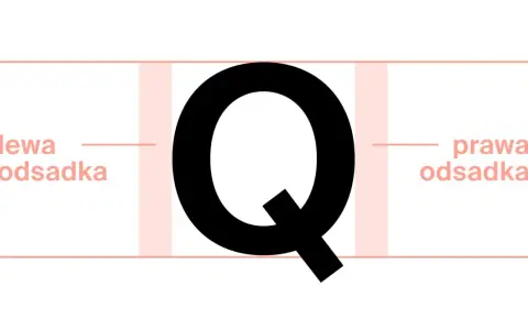 Duża, czarna litera Q, jak monogram, z zaznaczonymi lewą i prawą odsadką.