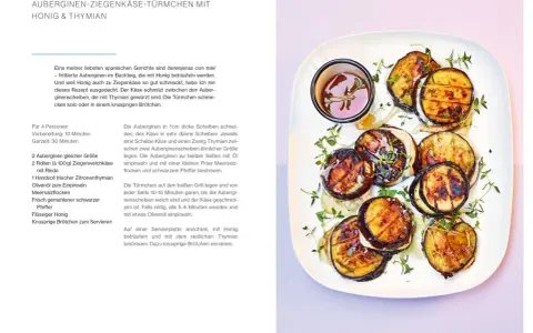 Gegrillte Auberginen-Ziegenkäse-Türmchen mit Honig und Thymian, ein köstliches vegetarisches Grillgut, serviert auf einer Platte.