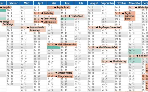 Kalender mit Feiertagen für Ferien in Sachsen-Anhalt. Feiertage wie Ostern, Pfingsten und Allerheiligen sind markiert.
