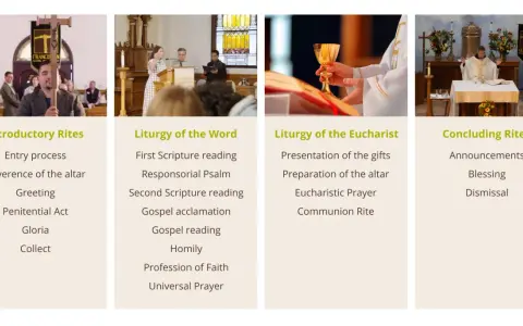 The image outlines the difference between liturgy and mass, detailing the Introductory Rites, Liturgy of the Word, Liturgy of the Eucharist, and Concluding Rites.