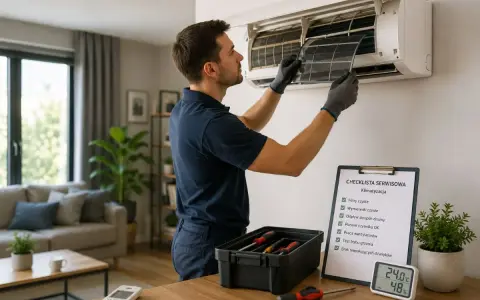 Serwisant sprawdza filtr klimatyzacji, bo klima nie chłodzi. Na blacie leży skrzynka z narzędziami i lista kontrolna.