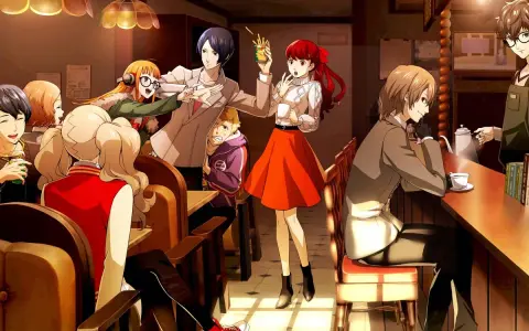 Los Phantom Thieves de Persona 5 Royal disfrutan de un momento de relax en una cafetería, compartiendo risas y bebidas.