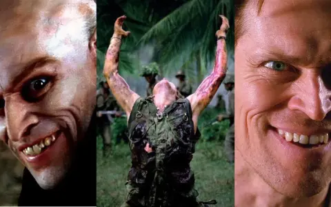 Willem Dafoe i hans ikoniska roller i filmer. En bildkollage med hans ansikte i närbild, en soldat i djungeln och ett läskigt leende.