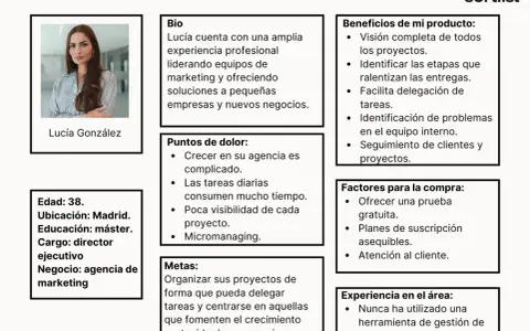 Buyer persona B2B: Lucía, 38, directora ejecutiva de agencia de marketing en Madrid. Busca delegar tareas y crecer.