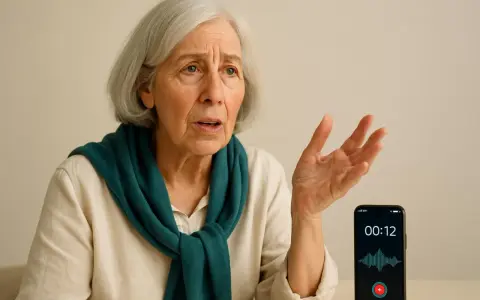 Anziana con espressione preoccupata, mentre un telefono registra la sua voce, forse per monitorare un possibile decadimento cognitivo.