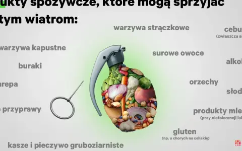 Granat wypełniony warzywami i owocami, symbolizujący produkty sprzyjające wiatrom. Dowiedz się, jak wypuścić gazy z jelit, unikając tych pokarmów.