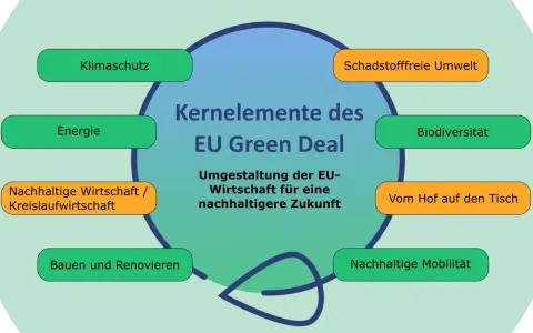 Kernbereiche des EU Green Deal für Deutschland: Klimaschutz, Energie, Biodiversität, schadstofffreie Umwelt, nachhaltige Wirtschaft, vom Hof auf den Tisch, Bauen & Renovieren, nachhaltige Mobilität.