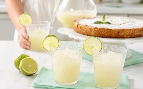 Dos vasos de granizado de limón refrescante, adornados con rodajas de lima, junto a limones frescos y un pastel.