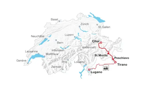 Map showing a scenic train route from Tirano to Lugano, passing through Poschiavo, St. Moritz, Chur, and Andermatt.