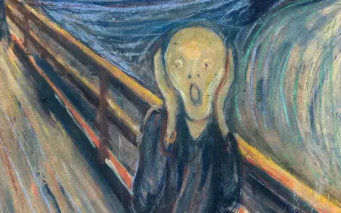 Edvard Munchs "Skriet" med sin ikoniska gestalt som håller händerna för öronen. Edvard Munch fakta: målningen skildrar en känsla av ångest.