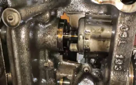 Widok wnętrza silnika 2.0 TDI. Widać fragment wałka i mechanizm, gdzie znajduje się czujnik ciśnienia oleju.