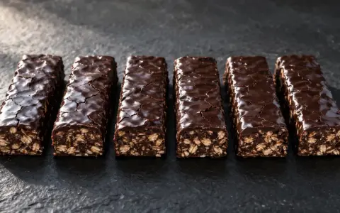 Six barres protéinées maison, enrobées de chocolat noir craquelé, sur fond sombre.