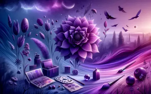 Artystyczna wizja, gdzie fiolet symbolizuje magię i kreatywność. Kwiaty, ptaki i przybory malarskie w odcieniach fioletu tworzą surrealistyczny krajobraz.