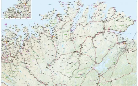 Detaljerad karta över Nordnorge med vägar, städer och fjäll. En inzoomad karta visar Senja och Kvaløya.