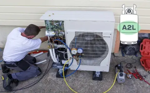 Técnico trabajando en unidad exterior de aire acondicionado, con manómetros y cilindro de refrigerante A2L.
